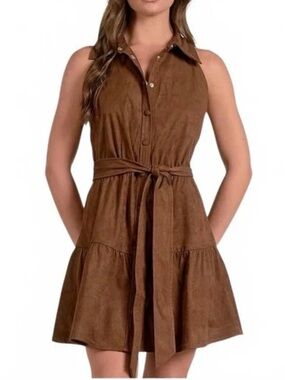 Elan Brown Sleeveless Suede-Look Tie-Waist Mini Dress